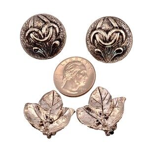 Vintage Set of 2  Silver Tone Leaf Clip On & Button Post Earrings Mint Condition